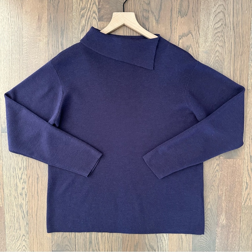 Eileen Fisher Fold Collar Asymmetrical Merino Wool Sweater Eggplant Medium
